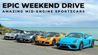 Epic Sunday Drive to Raglan NZ with 4 Incredible Mid-Engine Sportscars - Lotus & Porsche Cayman GT4