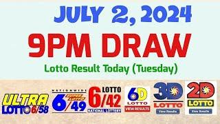 Lotto Result Today 9pm draw July 2, 2024 6/58 6/49 6/42 6D Swertres Ez2 PCSO#lotto