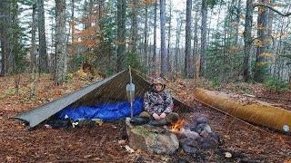 Early Winter Tarp Camping in Rain, Hail and The First Flurries of Snow