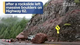 Driver slams into massive boulder after rockslide southwest of Crater Lake