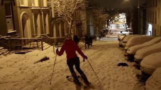 Skiing on Patrick's Hill, Cork City, Ireland - 2 March 2018