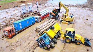 Scania Truck Accident Mud Road Pulling Out Jcb 3dx ? Wood Loading | Dumper Tipper Accident ? CS Toy