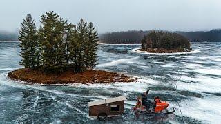 Overnight on a FROZEN ISLAND in a Snowmobile Cabin