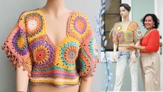 Cómo Hacer Blusa Colorida de Motivos o Aplicaciones Tejida en Crochet, Talla Mediana M y Grande L