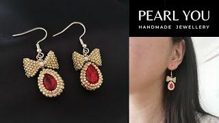 Red Gemstone Beaded Bowknot Pearl Earrings Tutorial, Handmade Seed Beads Jewellery by PEARL YOU