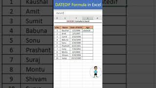 DATEDIF Formula in Excel #excel #exceltips #exceltutorial #msexcel #msexcelfullcourse #shorts