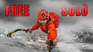 Free Solo Ice Climbing in a Snowstorm