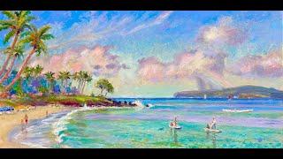 Freeheart Finger-Painting of Wailea Beach, Maui Using Golden Open Acrylics #painting #seascape