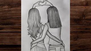 How to draw a sketch of two best friends - Easy pencil drawing of best friends, step by step