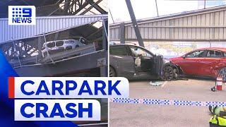 South Melbourne carpark closes after Tesla driver crashes | 9 News Australia