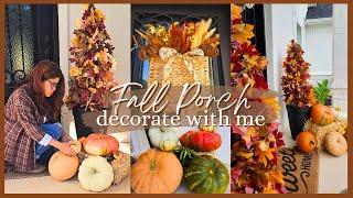 FALL FRONT PORCH DECORATING 2024: fall diy basket, fall trees & lots of pumpkins #fallporch #decor