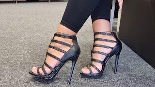 Ashley Tries Out Pleaser Black Faux Leather Gladiator 5 Inch High Heel Shoes With Test Walking