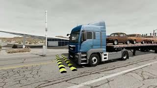 Double Flatbed Trailer Truck vs Speedbumps Train vs Cars Beamng.Drive