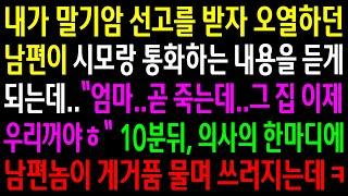 (반전사연)내가 말기암 선고를 받자 오열하던 남편이 시모랑 통화하는 내용을 듣게되는데..10분 뒤 의사의 한마디에 남편놈이 게거품 물고 쓰러지는데[신청사연][사이다썰][사연라디오]