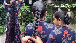 Long hair Tight braid bun || Hair style bun calf length