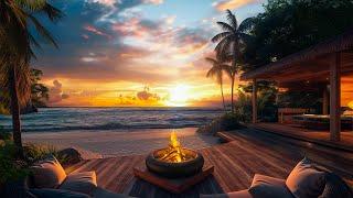 Sunset Ambience with Sea Waves, Crackling Campfire and Nature Beachside Sound | Sleep, Relax, Study