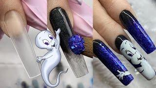 Long Sapphire Glitter Ombre Acrylic Nails with Hand Painted Casper The Friendly Ghost