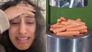 French woman cries over things being crushed in a hydraulic press