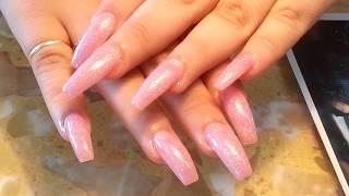 Long Pink Glitter Powder Coffin Nails Shape.