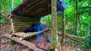 2-day solo survival camping - Build a warm shelter in the forest and find food