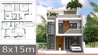 Home Design Plan 8x15m with 4 Bedrooms