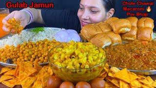 Eating Spicy Soupy Macaroni, Chole Basmati Rice, Pav Bhaji, Gulabjamun | Indian Food Mukbang Show