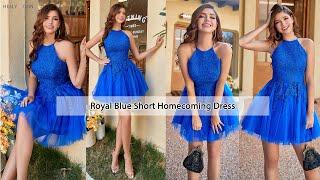 Hellymoon Halter Royal Blue Short Homecoming Dress with Appliques