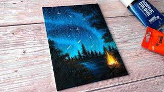 campfire under aurora night sky ️ easy acrylic painting for beginners