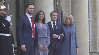 Vice President JD Vance and his wife Usha Vance meet with French President Emmanuel Macron in Paris