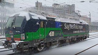 Schneegestöber am Münchner Heimeranplatz: Regionalzugverkehr und zwei Güterzugloks der Baureihe 193