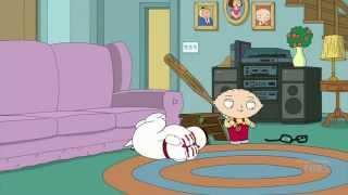 Stewie hits Brian in the face with a baseball bat