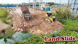 Nice Action!! Shantui Bulldozer Pushing Soil Filling Land On The Water With 25T Dump Trucks Loading