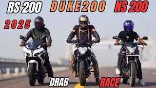 New Pulsar RS200 vs Pulsar NS200 vs Duke 200 Drag Race | Triple Battle |