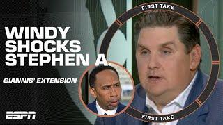 Stephen A. gives Windy a look for calling Giannis' $186M extension QUESTIONABLE  | First Take
