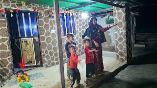 A nomadic woman with four children baking bread on a rainy day