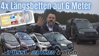 Großer Vergleich: 4x Längsbetten im 6m Kastenwagen Womo HYMER - PÖSSL - YUCON