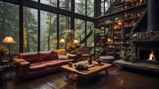 Relaxing Jazz Instrumental Music For Stress Relief - Cozy Living Room Inside Forest on Rainy Day ️