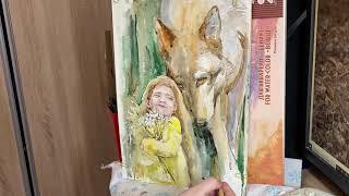 "Родные души. Девочка под защитой большого волка.  Художник Елена Реутова."