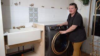 Building DIY cabinets, farmhouse apron sink & antique gold gooseneck faucet! (Pantry/Laundry room)