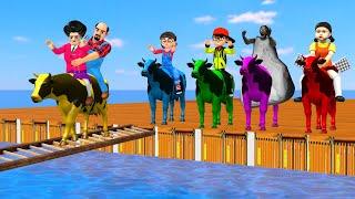 Scary Teacher 3d vs Squid Game Riding Cow Over Wooden Ladder 5 Time Challenge Miss T vs Granny loser