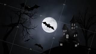 Halloween bright full moon, flying bats and old castle silhouette. Flying bats on full moon
