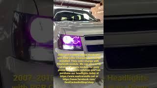 2007-2013 Chevy Tahoe Headlights with RGB Color Changing Halo Rings installed.