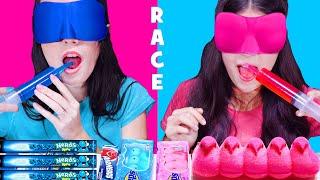 ASMR PINK AND BLUE CANDY RACE WITH CLOSED EYES