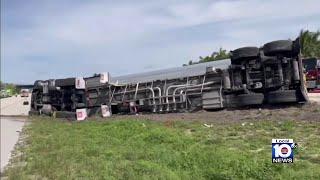 Tanker truck rollover causes traffic troubles on I-595