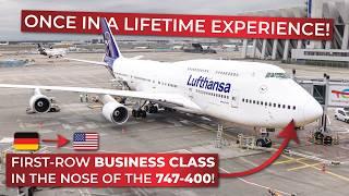 First-Row BUSINESS CLASS in the NOSE of Lufthansa's Boeing 747-400 from Frankfurt to New York JFK!