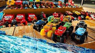 Disney Pixar Cars falling into deep pool, Lightning McQueen, Tow Mater, Mack, Sally, Francesco