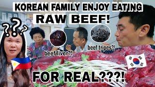 KOREAN FAMILY ENJOYS EATING RAW BEEF , LIVER & TRIPE (ME| FILIPINO FOOD BY @bisayangkoreanavlog