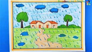 Rainy Village Scenery Drawing with Painting