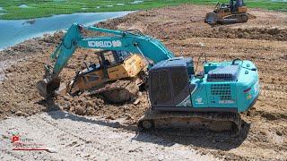 Incredible Bulldozer Getting Stuck Heavy Pulling Out With Kobelco Excavator Sk200