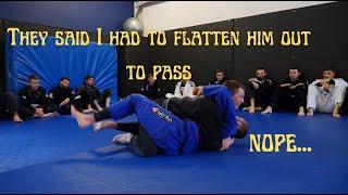 You don't have to flatten them out to pass half guard...try the easy way instead...